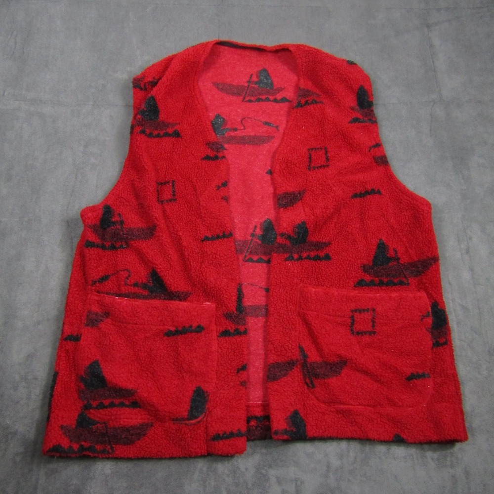 Fleece Vest Mens XL Red Canoe Novelty Print Sherpa Sleeveless Jacket Cottagecore